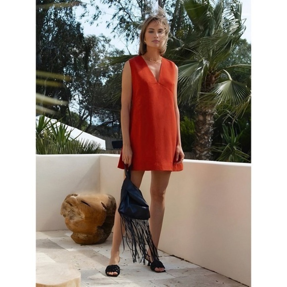 Commense Cotton & Linen V-Neck‎ Short Dress red size S